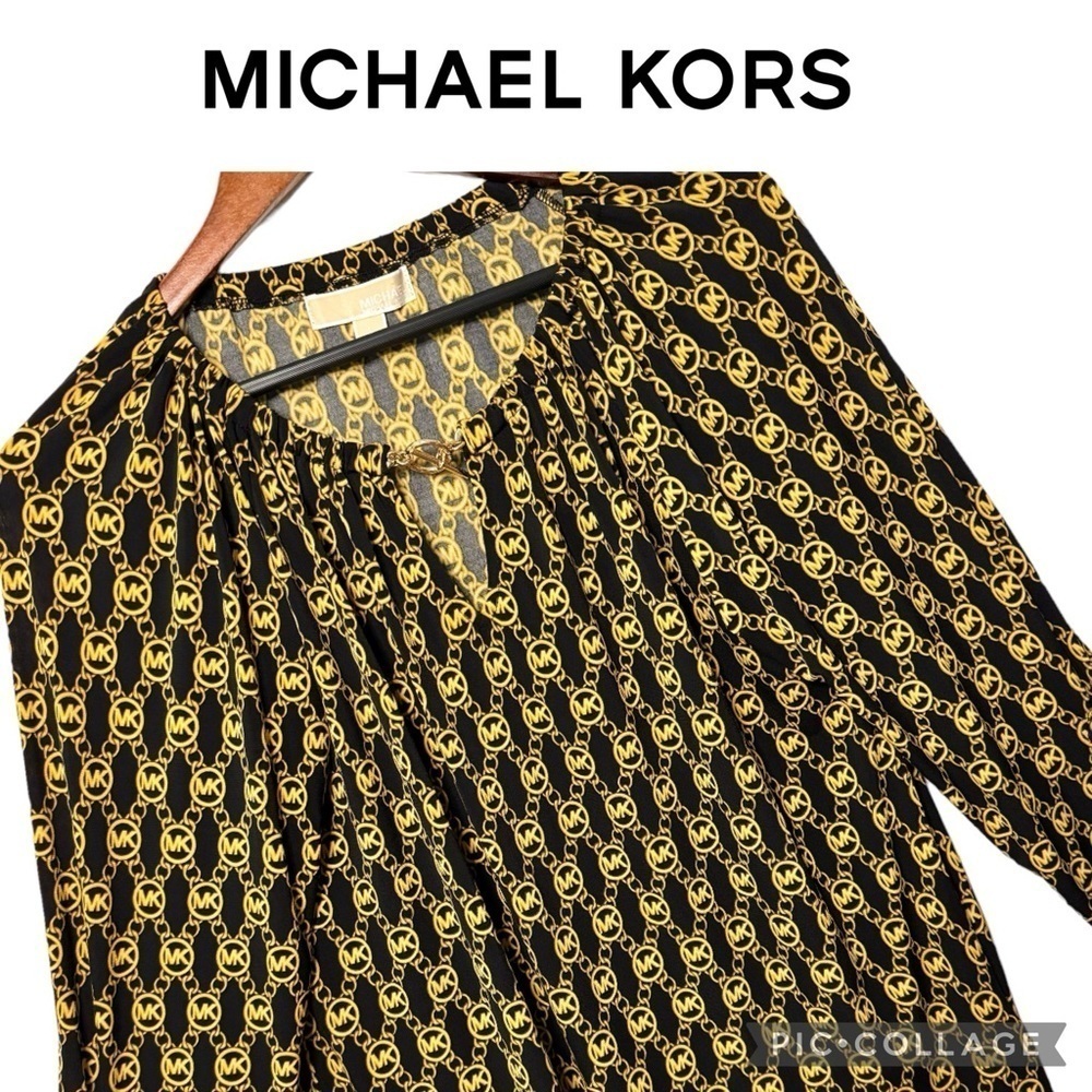 Michael Kors logo monogram black gold stretch tunic blouse top size L